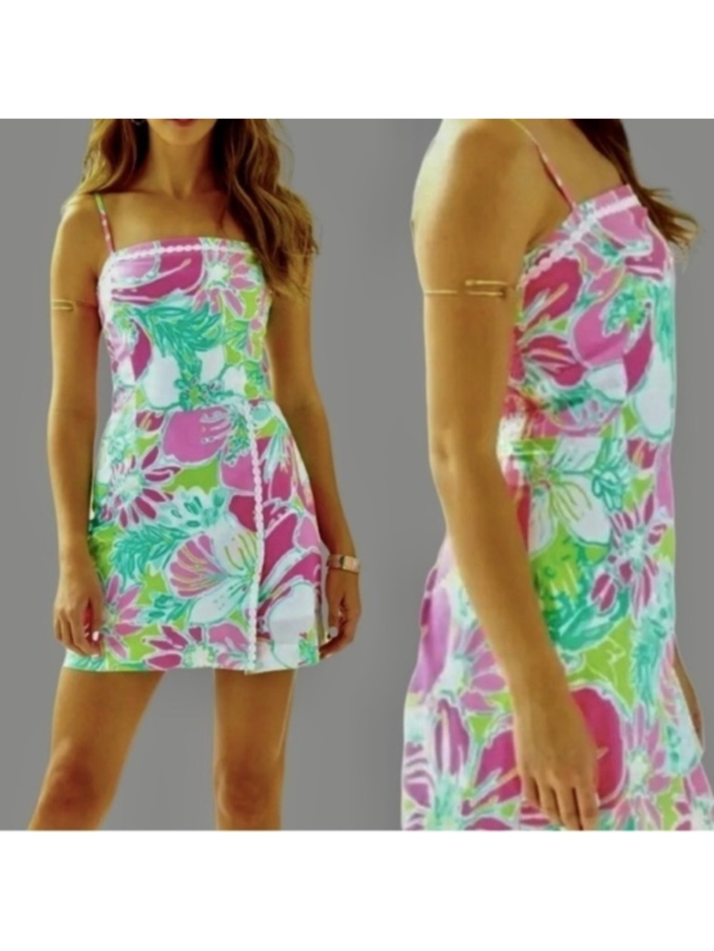 Lilly Pulitzer Jesse Skort Romper Dress Cotton Pink Green Floral Straps Sz 2 - Picture 16 of 16